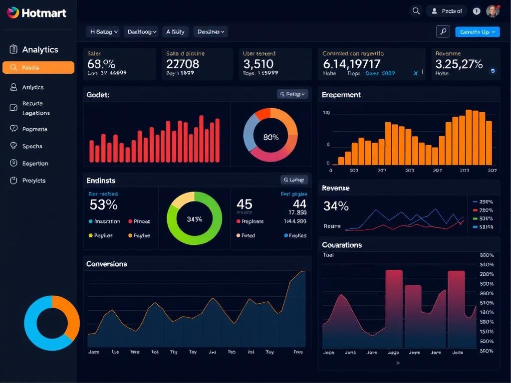 Dashboard analítico de Hotmart mostrando estadísticas de ventas y usuarios