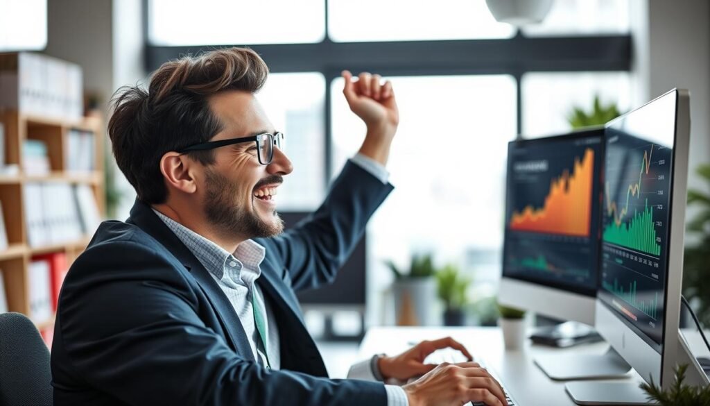 Emprendedor exitoso celebrando logros de su negocio rentable