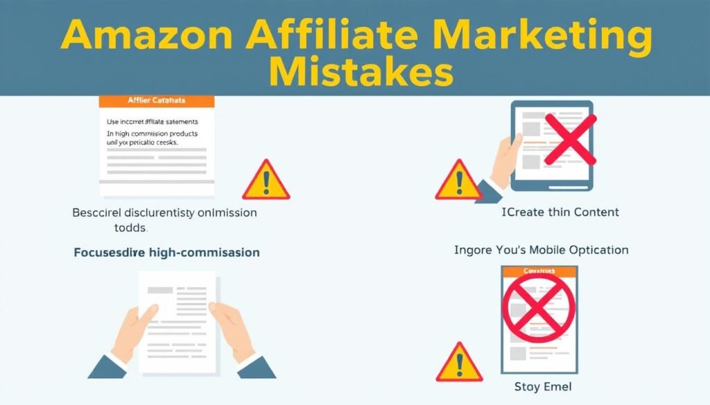 Ilustración de errores comunes en marketing de afiliados Amazon con señales de advertencia