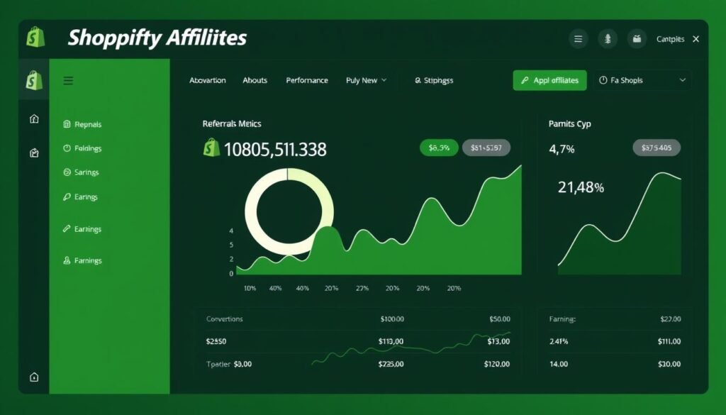 Interfaz del programa de afiliados de Shopify con estadísticas de rendimiento