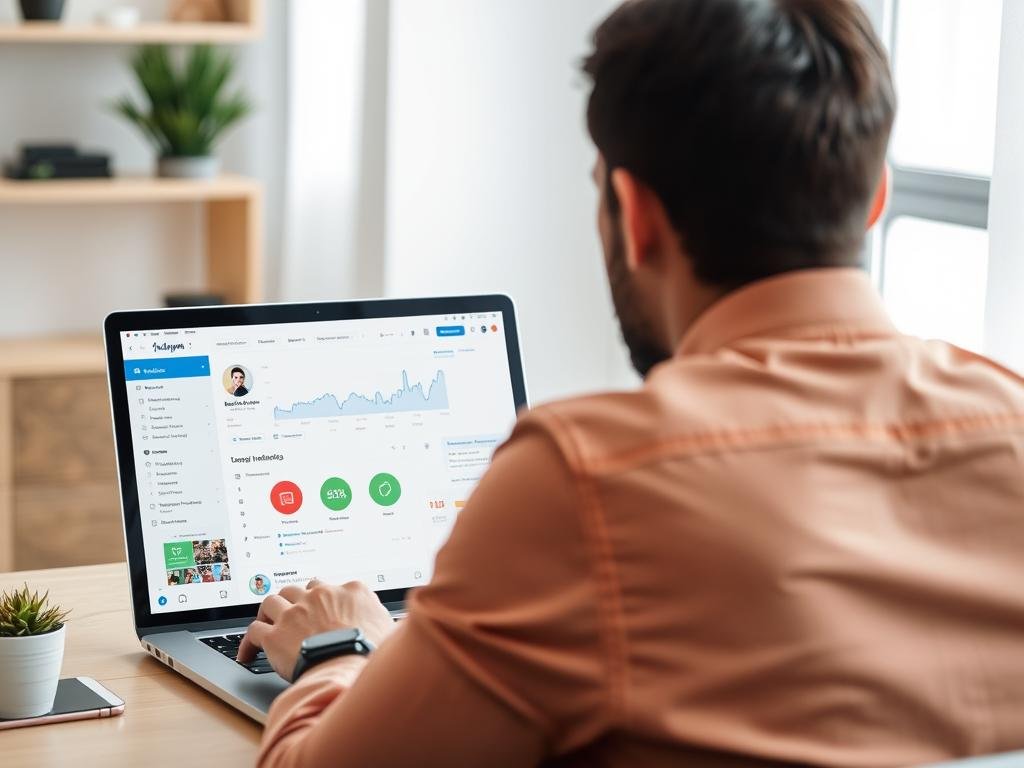 Javier Elices trabajando en su ordenador con gráficos de Instagram en pantalla Javier Elices trabajando en su ordenador con gráficos de Instagram en pantalla