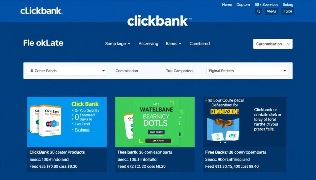 Marketplace de ClickBank mostrando diversos productos digitales para promocionar