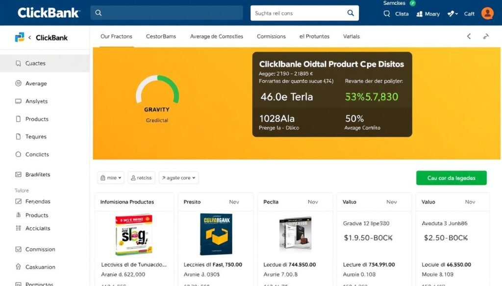 Marketplace de ClickBank mostrando filtros y métricas de productos