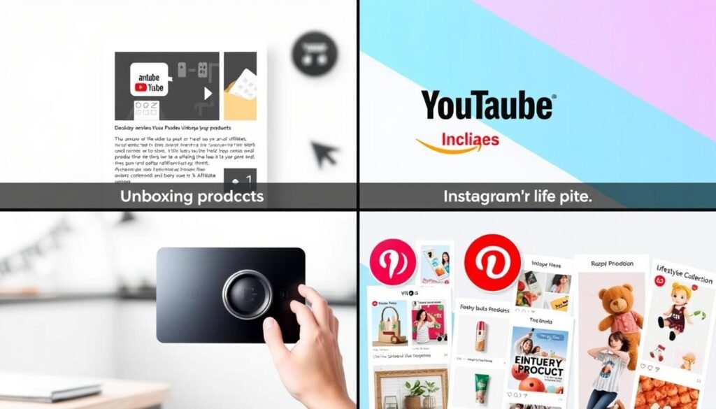 Múltiples canales de promoción para afiliados Amazon incluyendo blog, YouTube, Instagram y Pinterest