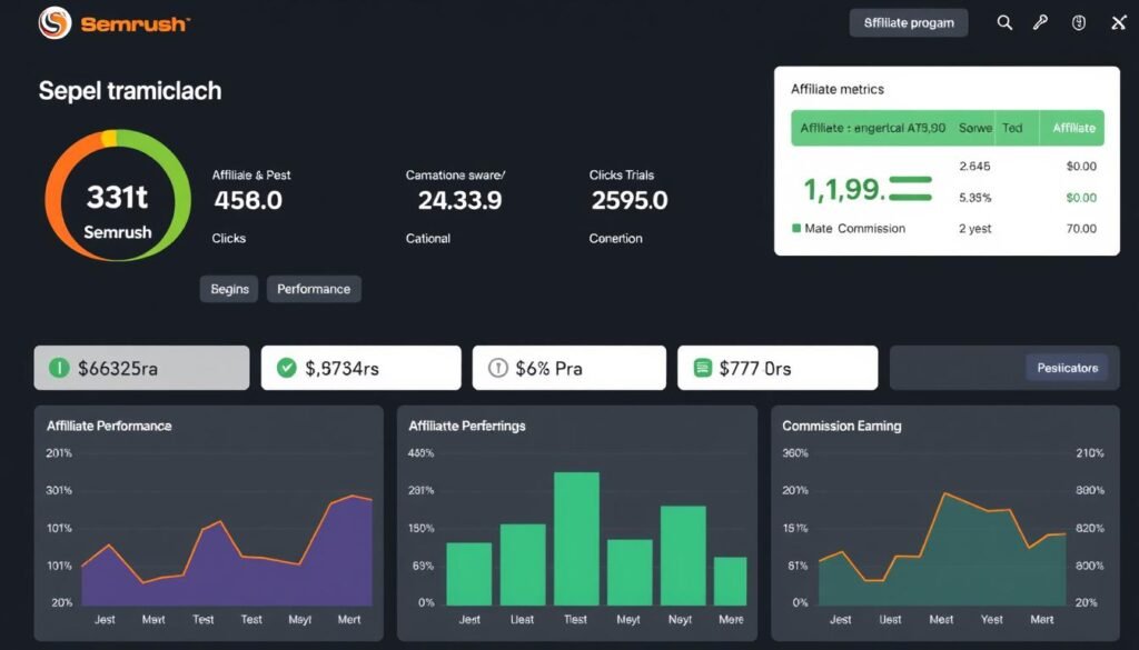 Panel de afiliados de Semrush mostrando estadísticas de comisiones y conversiones