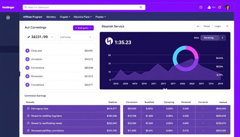Panel de control del programa de afiliados de Hostinger mostrando estadísticas de comisiones