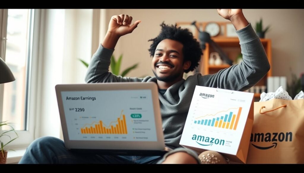 Persona celebrando éxito como afiliado Amazon con laptop mostrando estadísticas positivas