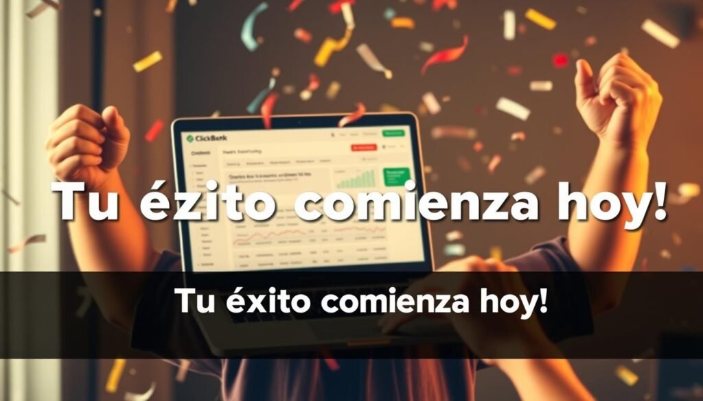 Persona celebrando éxito como afiliado de ClickBank