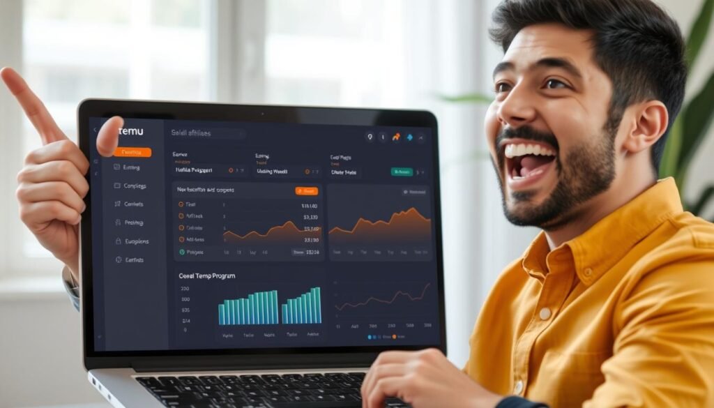 Persona celebrando sus ganancias como afiliado de Temu Persona celebrando sus ganancias como afiliado de Temu
