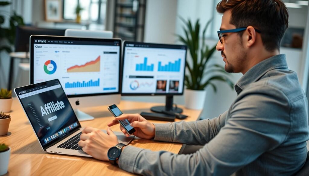 Persona implementando estrategias de marketing de afiliados en múltiples dispositivos