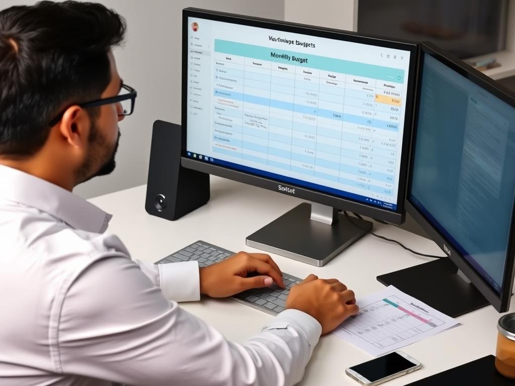 Persona organizando su presupuesto mensual en una computadora