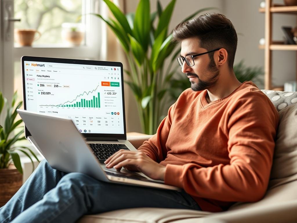 Persona trabajando como afiliado Hotmart desde casa con su computadora portátil