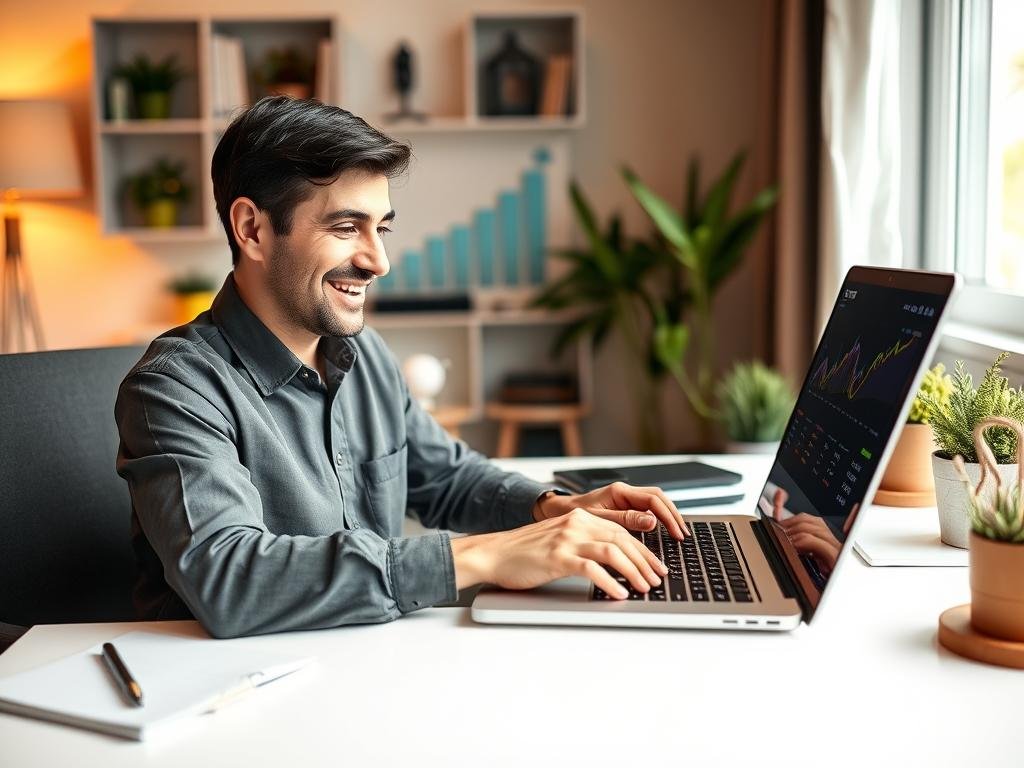 Persona trabajando con laptop mostrando gráficos de crecimiento de ingresos por afiliación