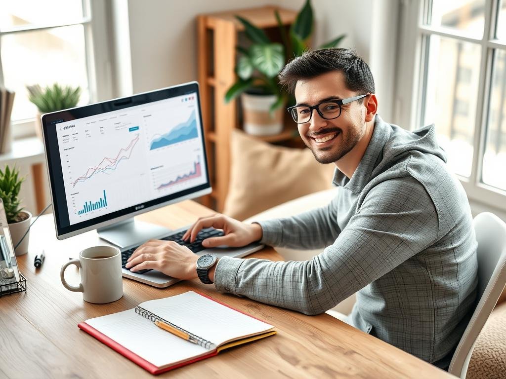 Persona trabajando en marketing de afiliación desde su computadora en casa