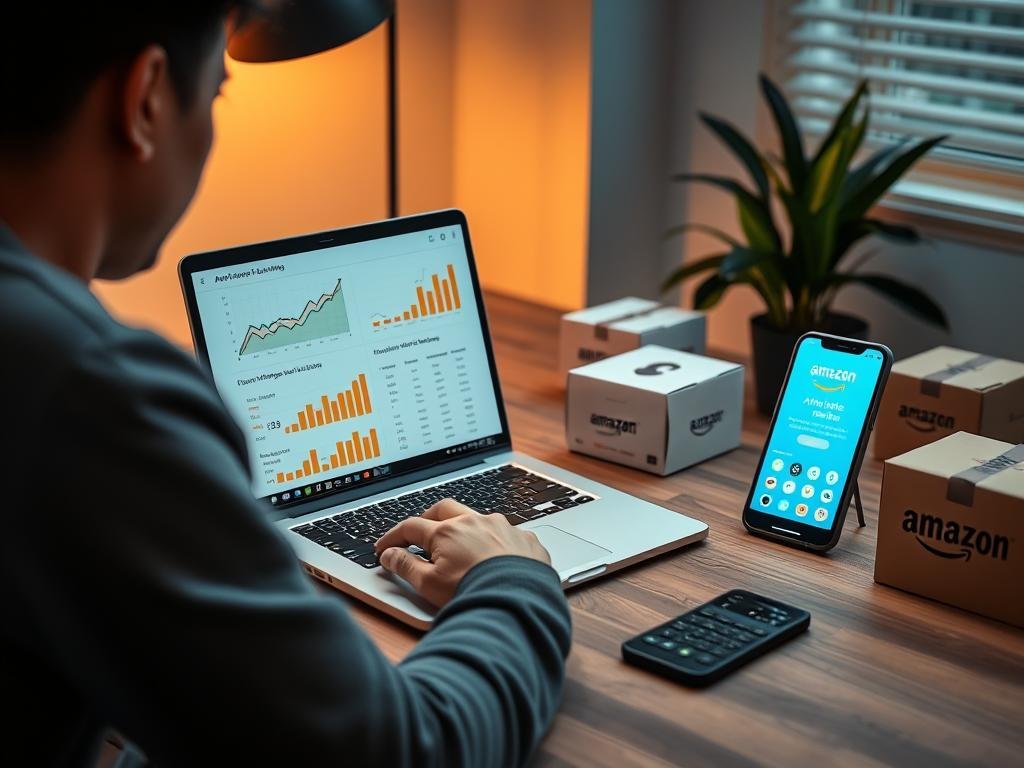 Persona trabajando en su ordenador con gráficos de crecimiento de ingresos por afiliados Amazon