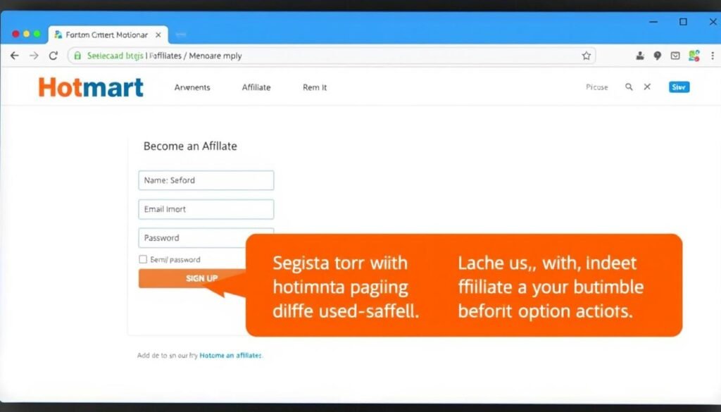 Proceso de registro como afiliado Hotmart mostrando el formulario de inscripción