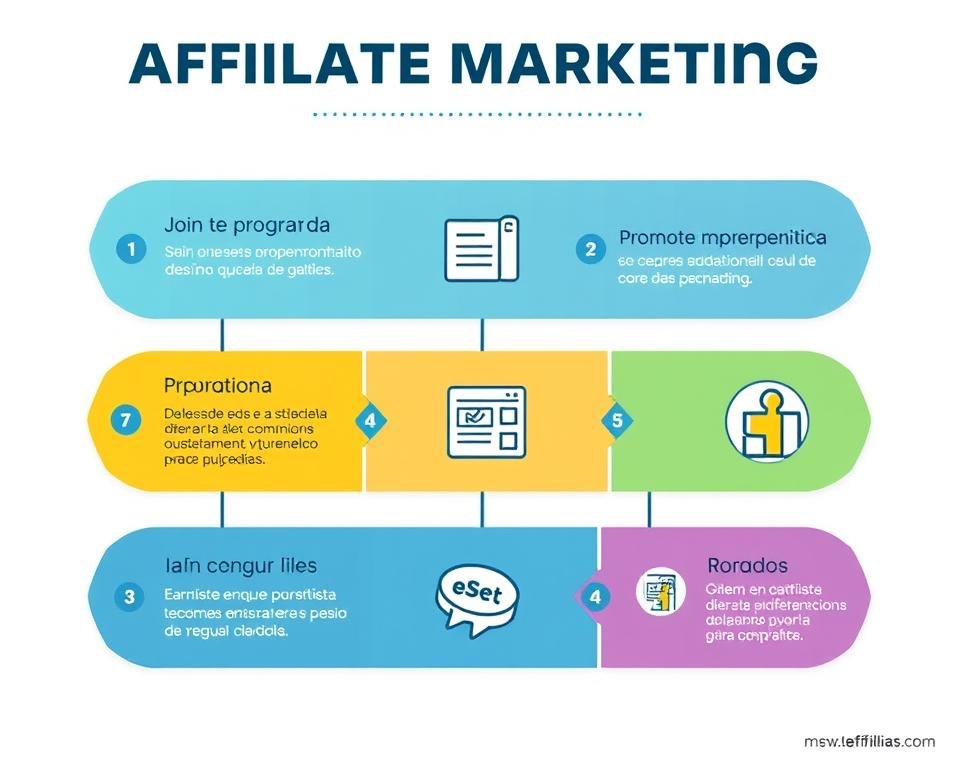 Proceso del marketing de afiliados mostrando los pasos desde la afiliación hasta el cobro de comisiones