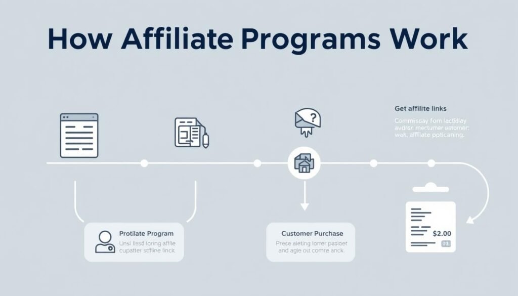 Proceso paso a paso del funcionamiento de programas de afiliados mostrando registro, enlaces, promoción y comisiones