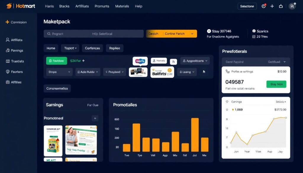 Programa de afiliados de Hotmart mostrando el panel de control y estadísticas